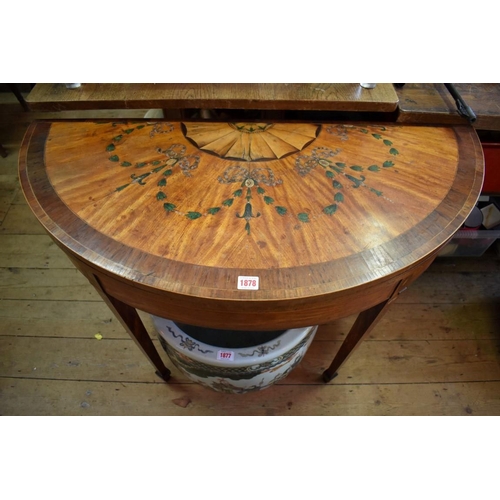 1878 - A George III satinwood, mahogany, rosewood and painted demi-lune card table, with double gateleg act... 