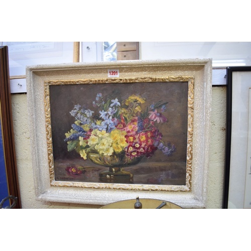 1202 - M Marston, 'Bluebells & Primroses', signed, oil on board, 29 x 39.5cm. ... 