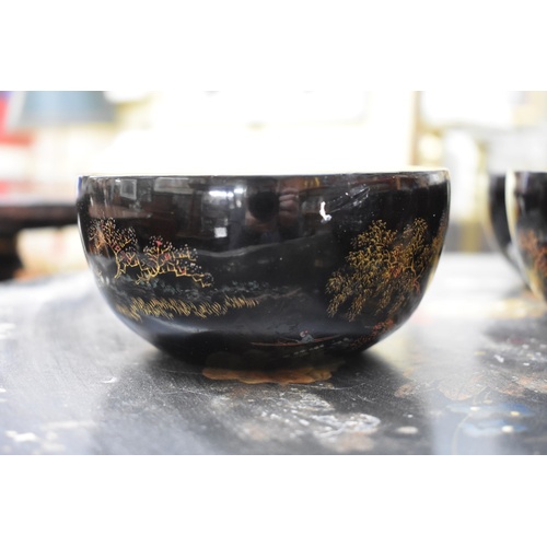 1181 - A set of six Chinese lacquer bowls, 12cm diameter, in pine box; together with two Victorian Stafford... 