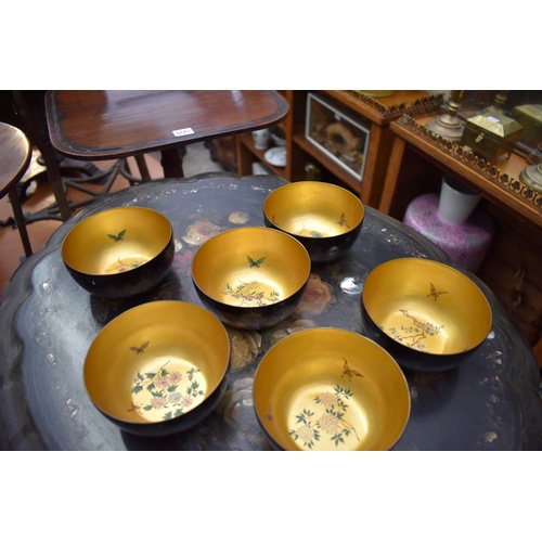 1181 - A set of six Chinese lacquer bowls, 12cm diameter, in pine box; together with two Victorian Stafford... 