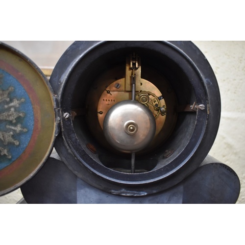 1211 - A late 19th century slate and marble mantel clock, 46cm high, with mercury pendulum.... 