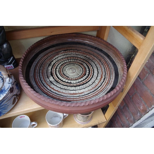 1013 - Studio Pottery: three Paul Whalley items, largest 39cm diameter; together with a soapstone figure gr... 