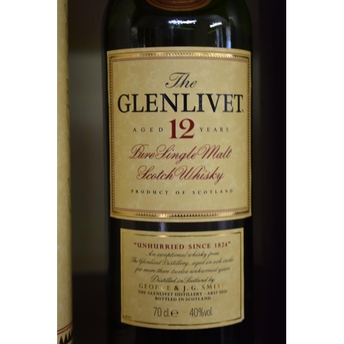 36 - Two 70cl bottles of single malt whisky, comprising: Glenfiddich 12 year old, in metal tube; and The ... 