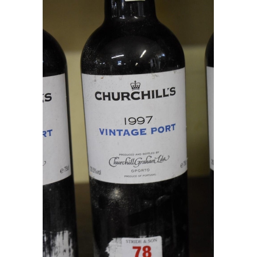 78 - Three 75cl bottles of Churchill's 1997 vintage port. (3)