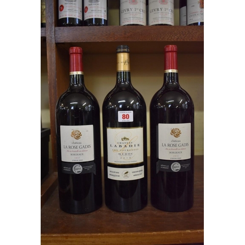 80 - Three 150cl magnum bottles of claret, comprising: two Chateau Le Rose Gadis 2015; and one Chateau La... 