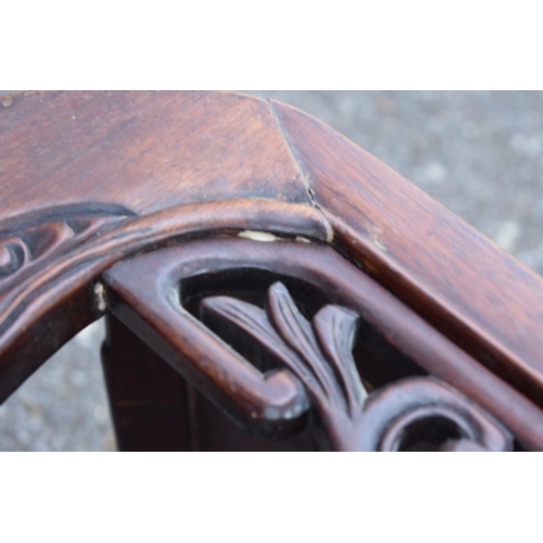 674 - A Chinese carved hardwood opium table, with burr wood inset panel top, 97cm wide.