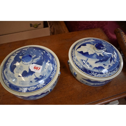 687 - A pair of Chinese blue and white twin handled tureens and covers, probably early 20th century, paint... 