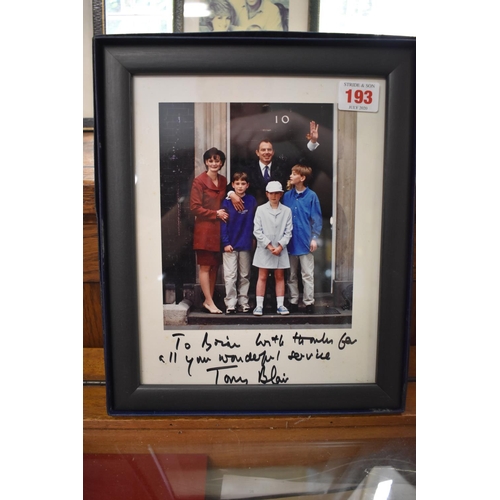 193 - TONY BLAIR: INSCRIBED PHOTOGRAPH: colour photo of Tony Blair with family on doorstep of 10 Downing S... 