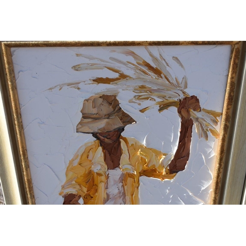 1065 - Three Balinese oils of rice farmers, 79 x 34cm.This lot can only be collected on Saturday 1st August... 