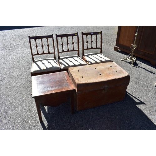 1071 - Three antique mahogany dining chairs, Georgian mahogany commode and a metal trunk.This lot can only ... 