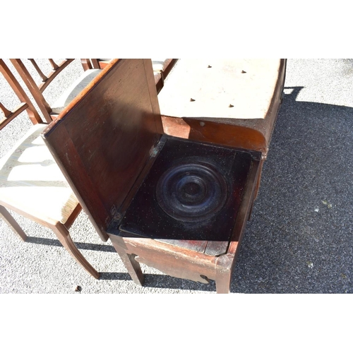 1071 - Three antique mahogany dining chairs, Georgian mahogany commode and a metal trunk.This lot can only ... 