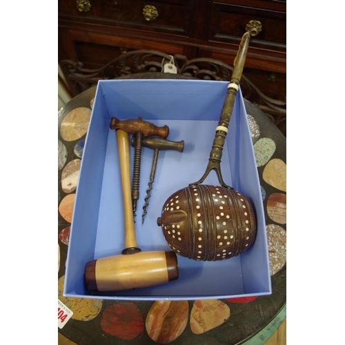 1416 - An unusual wooden and horn ladle, having bone inlay; together with a wooden gavel; and two old corks... 