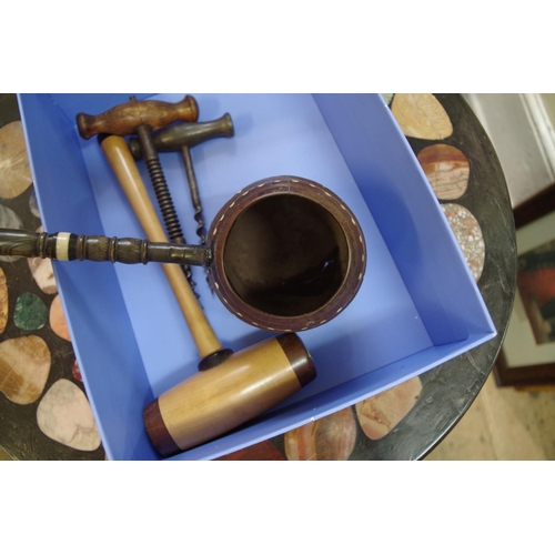 1416 - An unusual wooden and horn ladle, having bone inlay; together with a wooden gavel; and two old corks... 