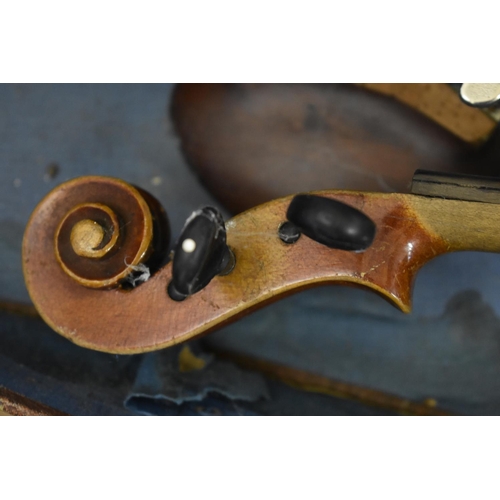 1754 - An old violin, stamped 'Paganini', having 12½in back, with bow, cased; together with two other cased... 