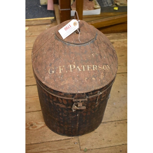 1790 - An old painted tin hat box with domed top, painted 'G F Paterson', height including handle 50cm.... 