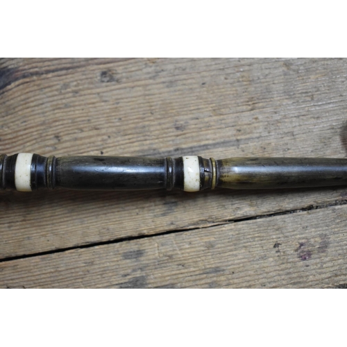 1416 - An unusual wooden and horn ladle, having bone inlay; together with a wooden gavel; and two old corks... 