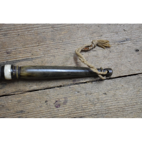 1416 - An unusual wooden and horn ladle, having bone inlay; together with a wooden gavel; and two old corks... 
