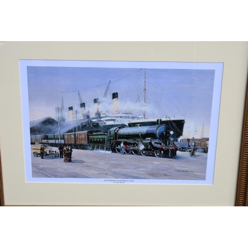 1042 - Three coloured prints of steam locomotives by Chris Woods; together with a coloured map of Sussex an... 