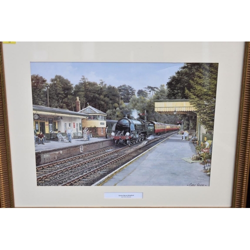 1042 - Three coloured prints of steam locomotives by Chris Woods; together with a coloured map of Sussex an... 