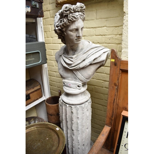 1241 - A painted composition stone bust of Apollo, on column base, total height 177cm.... 