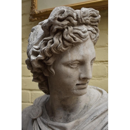 1241 - A painted composition stone bust of Apollo, on column base, total height 177cm.... 