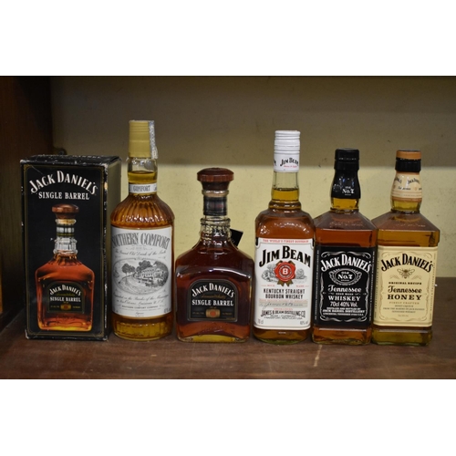 601 - Five bottles of American spirits, comprising: a 75cl Jack Daniels 'Single Barrel' whiskey, in card b... 