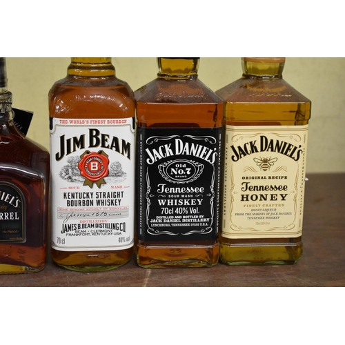 601 - Five bottles of American spirits, comprising: a 75cl Jack Daniels 'Single Barrel' whiskey, in card b... 