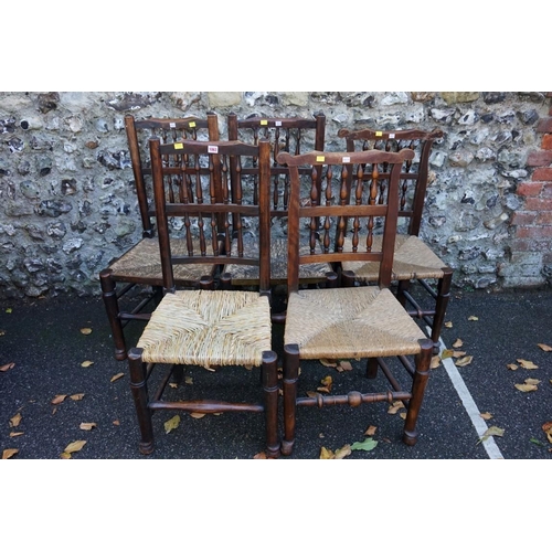 1063 - A harlequin set of five stained beech rush seated chairs. This lot can only be collected on Saturday... 