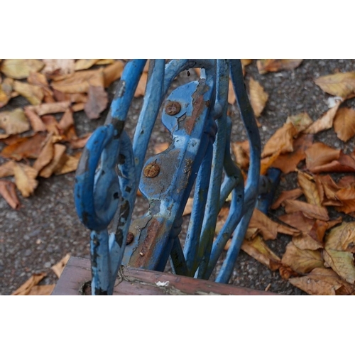 1074 - A blue painted cast iron garden bench. This lot can only be collected on Saturday 19th December (9-2... 