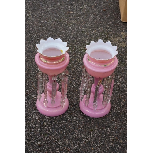 1108 - A pair of Victorian pink glass lustres.This lot can only be collected on Saturday 19th December (9-2... 