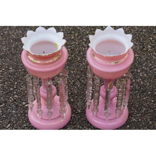 1108 - A pair of Victorian pink glass lustres.This lot can only be collected on Saturday 19th December (9-2... 