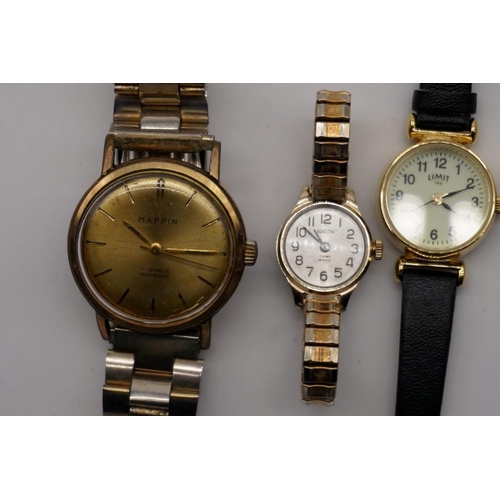 284 - A vintage Mappin gold plated manual wind wristwatch, 33mm; together with three various ladies exampl... 