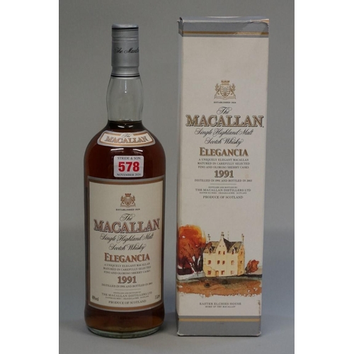 578 - A 1 litre bottle of The Macallan 'Elegencia 1991 vintage whisky, bottled in 2003, in original c... 