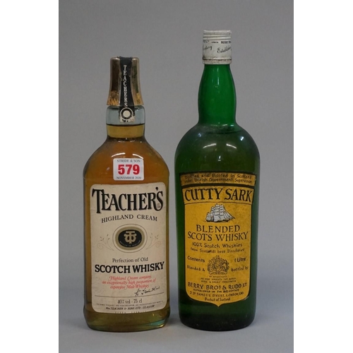 579 - A 75cl bottle of Teacher's blended whisky; together with a 1 litre bottle of Cutty Sark blended... 