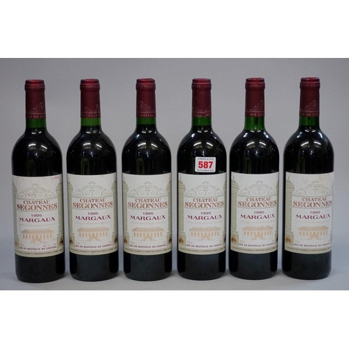 587 - Six 75cl bottles of Chateau Segonnes, 1995, Margaux. (6)