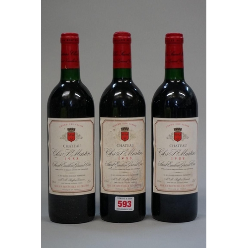 593 - Three 75cl bottles of Chateau Clos St Martin, 1988 Grand Cru St Emilion. (3)