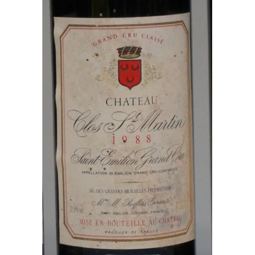 593 - Three 75cl bottles of Chateau Clos St Martin, 1988 Grand Cru St Emilion. (3)