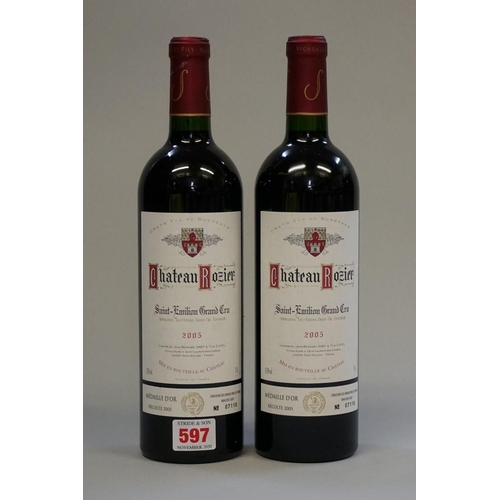 597 - Two 75cl bottles of Chateau Rozier, 2005, Grand Cru St Emilion. (2)