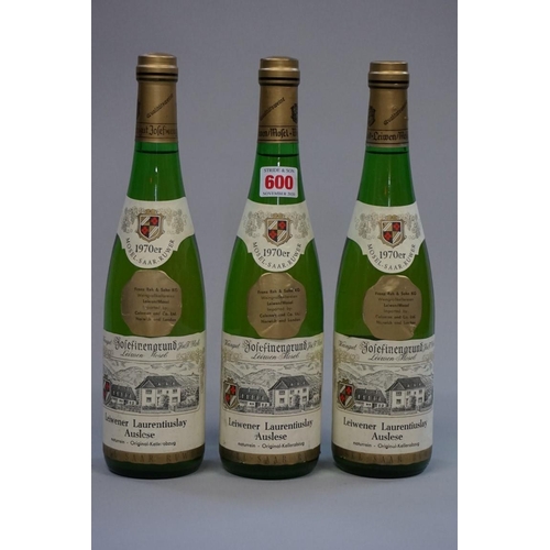 600 - Three 70cl bottles of Leiwener Laurentiuslay Auslese, 1970, Josefinengrund. (3)... 