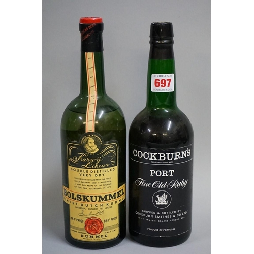 697 - An old bottle of Bolskummel liqueur; together with another old bottle of Cockburn's fine old ru... 