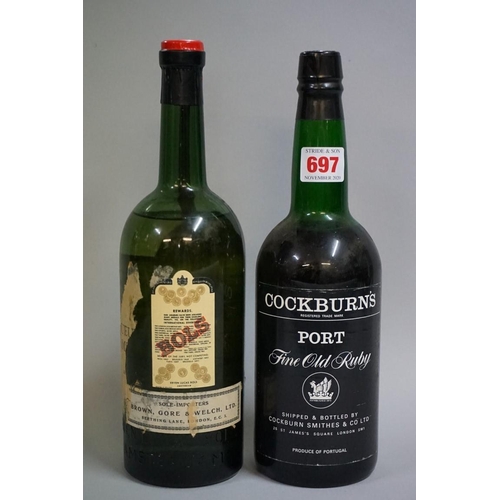 697 - An old bottle of Bolskummel liqueur; together with another old bottle of Cockburn's fine old ru... 