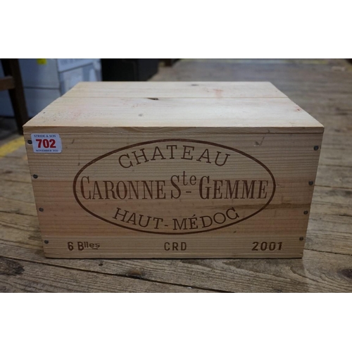 702 - A case of six 75cl bottles of Chateau Caronne Ste Gemme, 2001, Haut-Medoc, in owc.