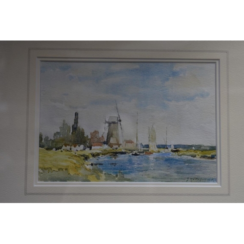 1297 - J H van Mastenbroeck, Dutch canal scene with windmill, signed, watercolour, 12.5 x 18cm.... 