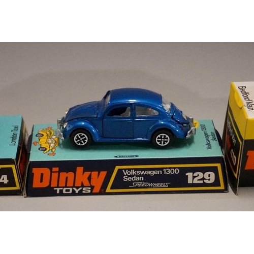 526 - Three Dinky 'Speedwheels' vehicles, comprising: 129 'Volkswagen 1300 Sedan'; 284 'London Taxi'; and ... 