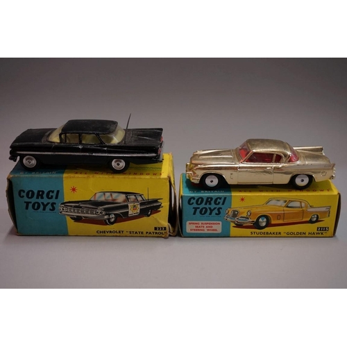 590 - Two Corgi American cars, comprising: 2115 'Studebaker Golden Hawk'; and 223 Chevrolet State Patrol',... 