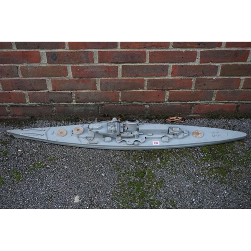 592 - A grey painted wood and metal model of a German Schlachtschiff or battleship, total length 115cm lon... 