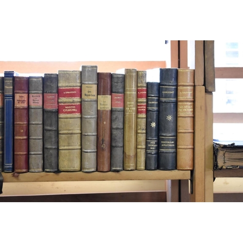 171 - BINDINGS/LITERATURE: approx 95+ volumes over 3 shelves, misc leather and cloth bound literature... 