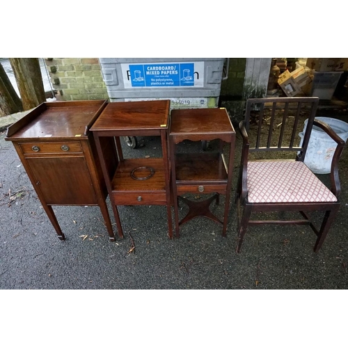 1058 - A Victorian mahogany pot cupboard; together with two shaving stands and an old chair.Payment must be... 