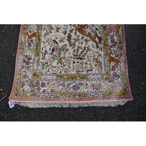 1076 - A Persian rug, having central field decorated with animals and figures, 148 x 100cm.... 