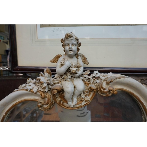 1111 - A Louis XV style grey painted and parcel gilt mirror back dressing table, with marble top and cane d... 